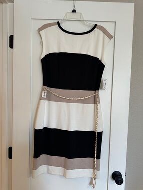 White House Black Market Black, White & Taupe Striped Midi Dress